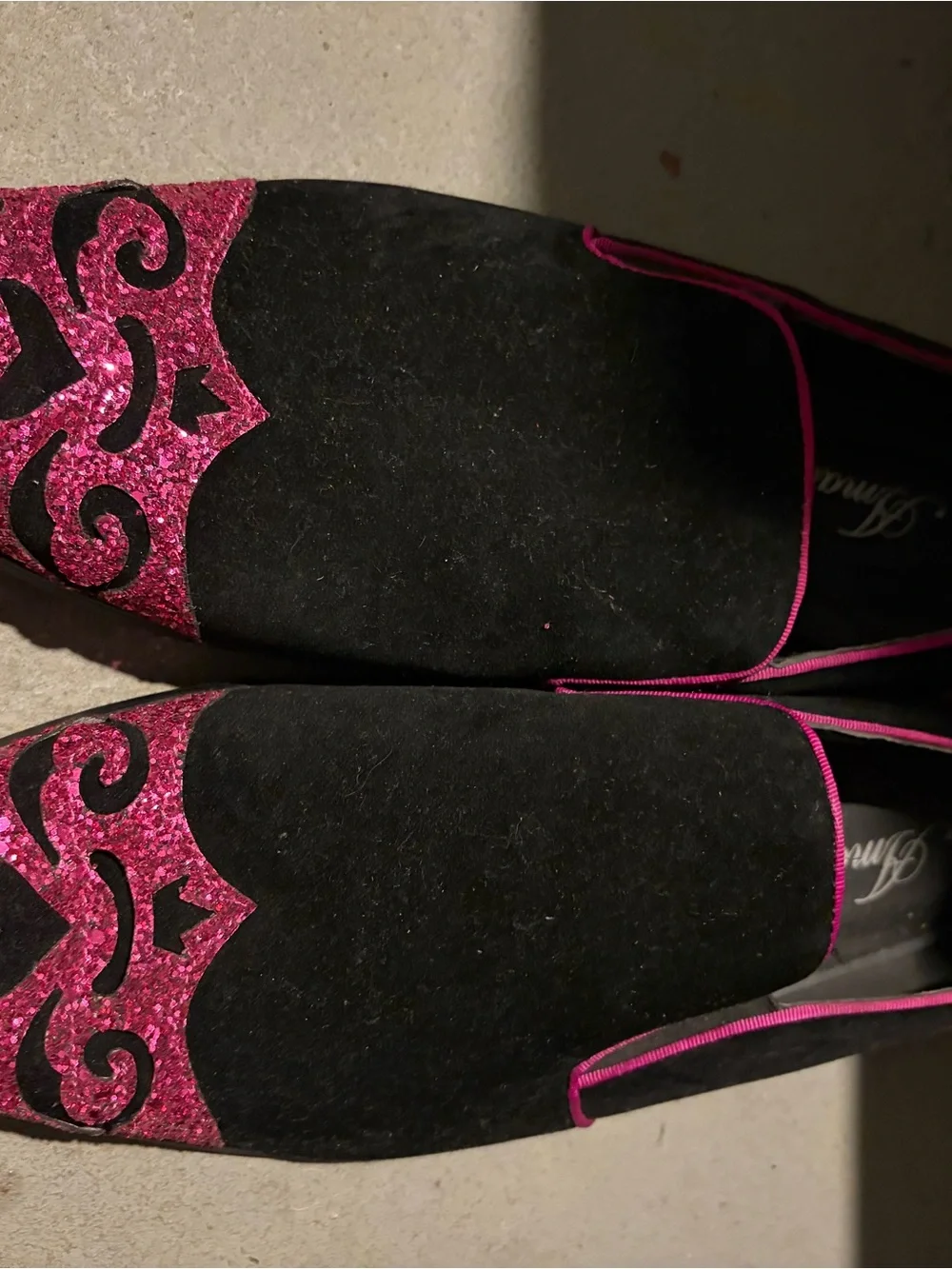 Black Suede Slip-On Loafers with Pink Glitter Accent